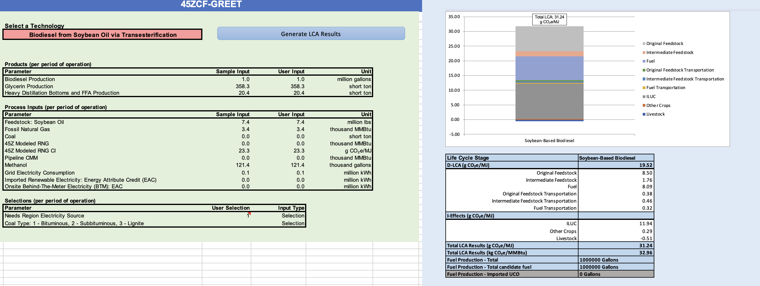 Complex DOE 45ZCF-GREET spreadsheet interface